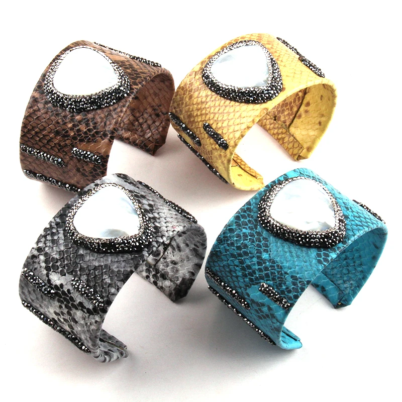 Fashion 42mm Handmade Paved Shell Wide Leather Cuff Bracelets & Bangles ...