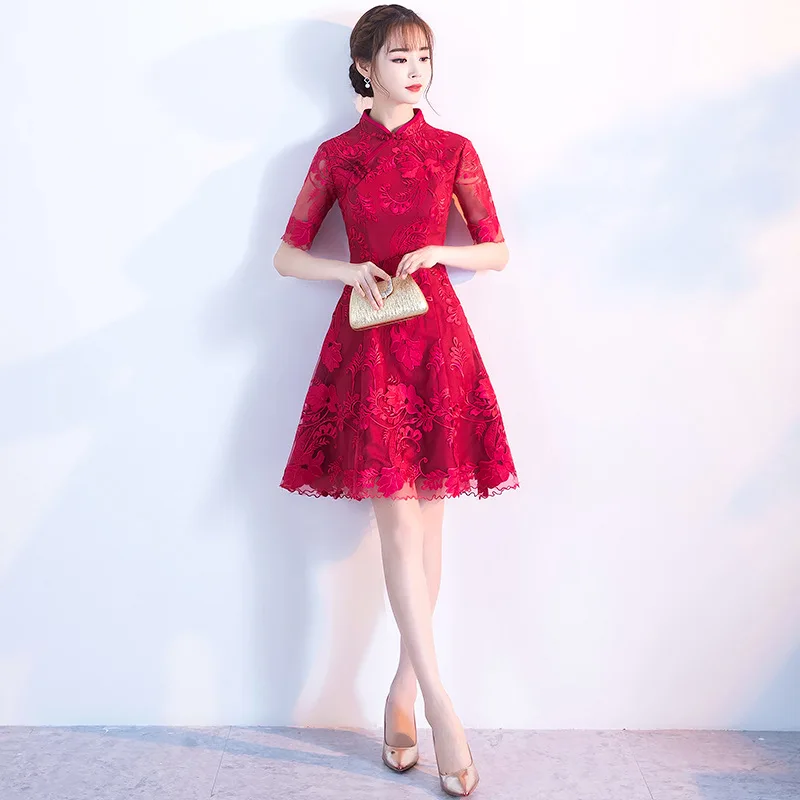 Китайский традиционный красный Cheongsam элегантный женский тонкий длинный Qipao большой размер 3XL винтажные вышивки цветочные кружева платье