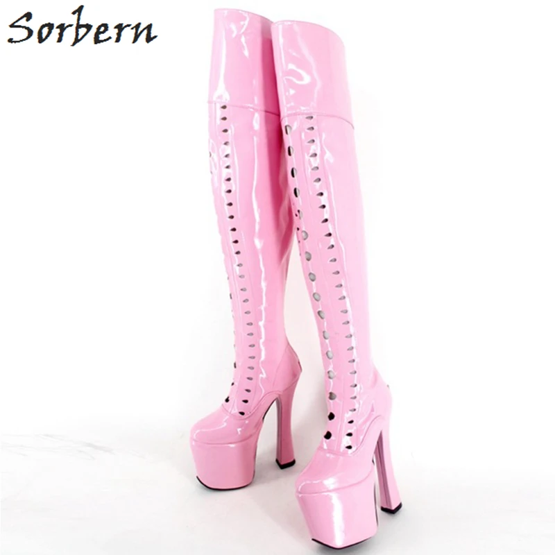 Sorbern/Розовый Блестящий Pu Сапоги выше колена для женщин 20 см/" супер высокий каблук 9 см обувь на платформе женские пользовательские цвета