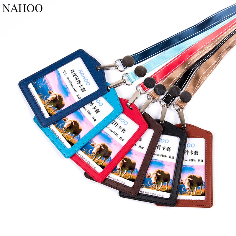 Nahoo Id Badge Holder Retractable Nurse Genuine Leather Badges Clip Passport IC Work Permit Card