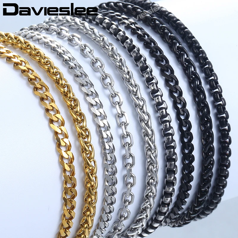 2-3 мм браслеты-цепочки для женщин и мужчин, серебристый, черный, золотой, нержавеющая сталь, панцирь, кубинский кабель, круглая коробка, плетеный пшеничный браслет KBB13A