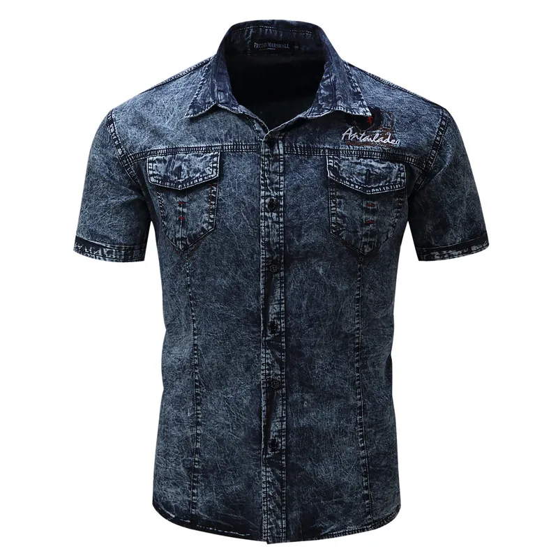 

2018 New Fashion Men's Short Sleeve Denim Shirts With Pockets 100%Cotton Casual Slim Fit Plus SizeSummer Mail Social Shirts