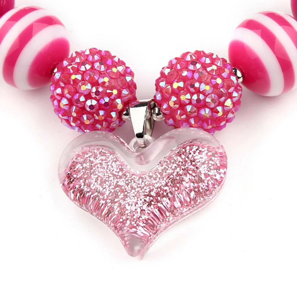 Модный комплект из ожерелья и браслета с бусинами в форме сердца для маленьких девочек, розовый цвет, Детские комплекты ювелирных изделий, подарок на День святого Валентина для девочек