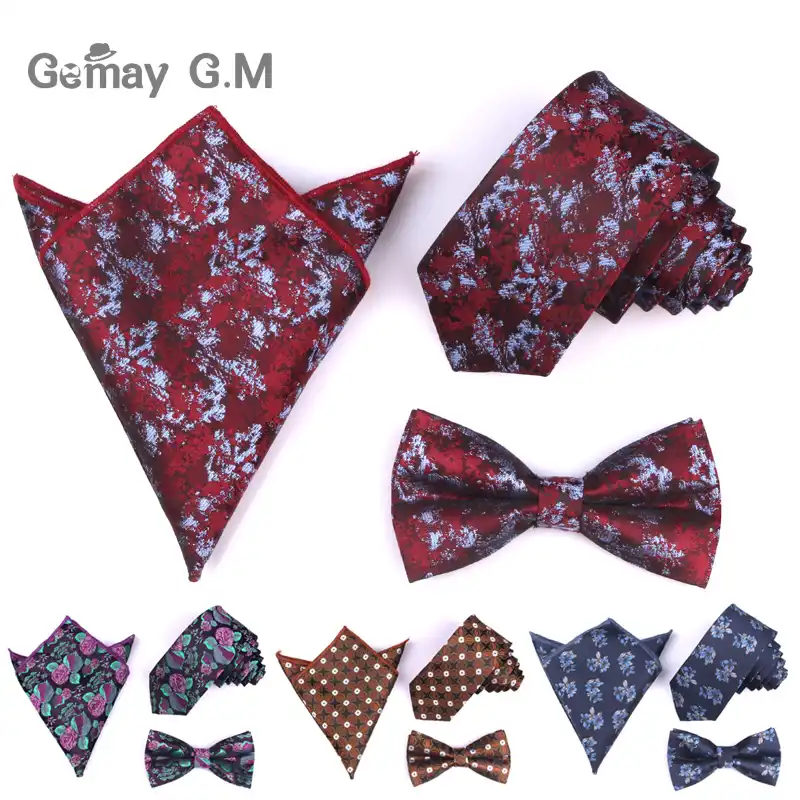 Fashion Mens Necktie Cotton Printed Floral with Bowtie and Pocket Square Tie Sets Necktie