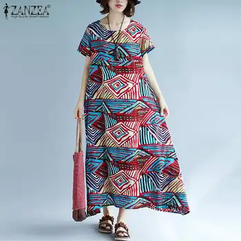 

2020 ZANZEA Casual Printed Long Dress Women's Maxi Sundress Vintage Short Sleeve Tunic Vestidos Female O Neck Party Robe Femme