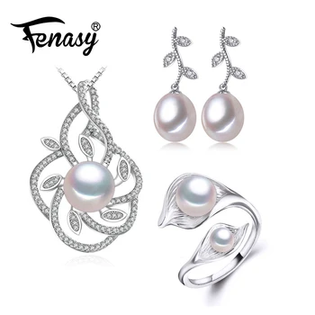

FENASY 925 Sterling Silver natural pearl jewelry sets for women drop earrings bohemian big leaf pendant necklace ring set