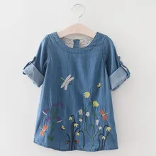summer children clothing 2019 New Europe and the United States foreign trade dragonfly embroidery denim girls dress 3-7 years summer girl a birthday present europe and the united states girls holiday dress nail bead butterfly knot dress cake girls