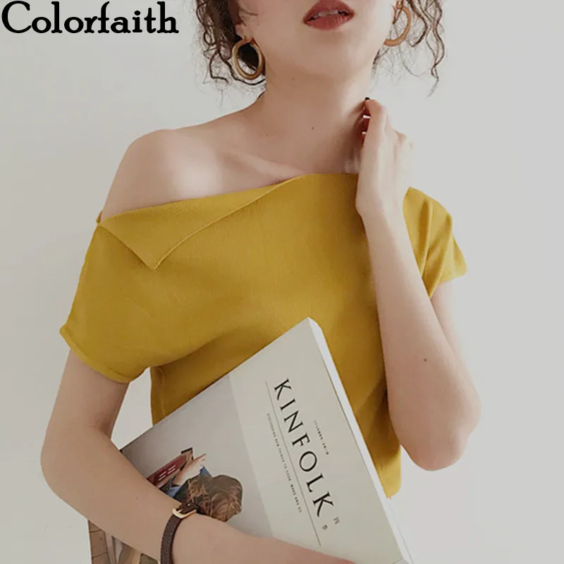 

Colorfaith New Women Blouses & Shirts 2019 Spring Summer Ladies Casual Fashion Sexy Style Slash Neck Kinnted Tops shirt BL8691