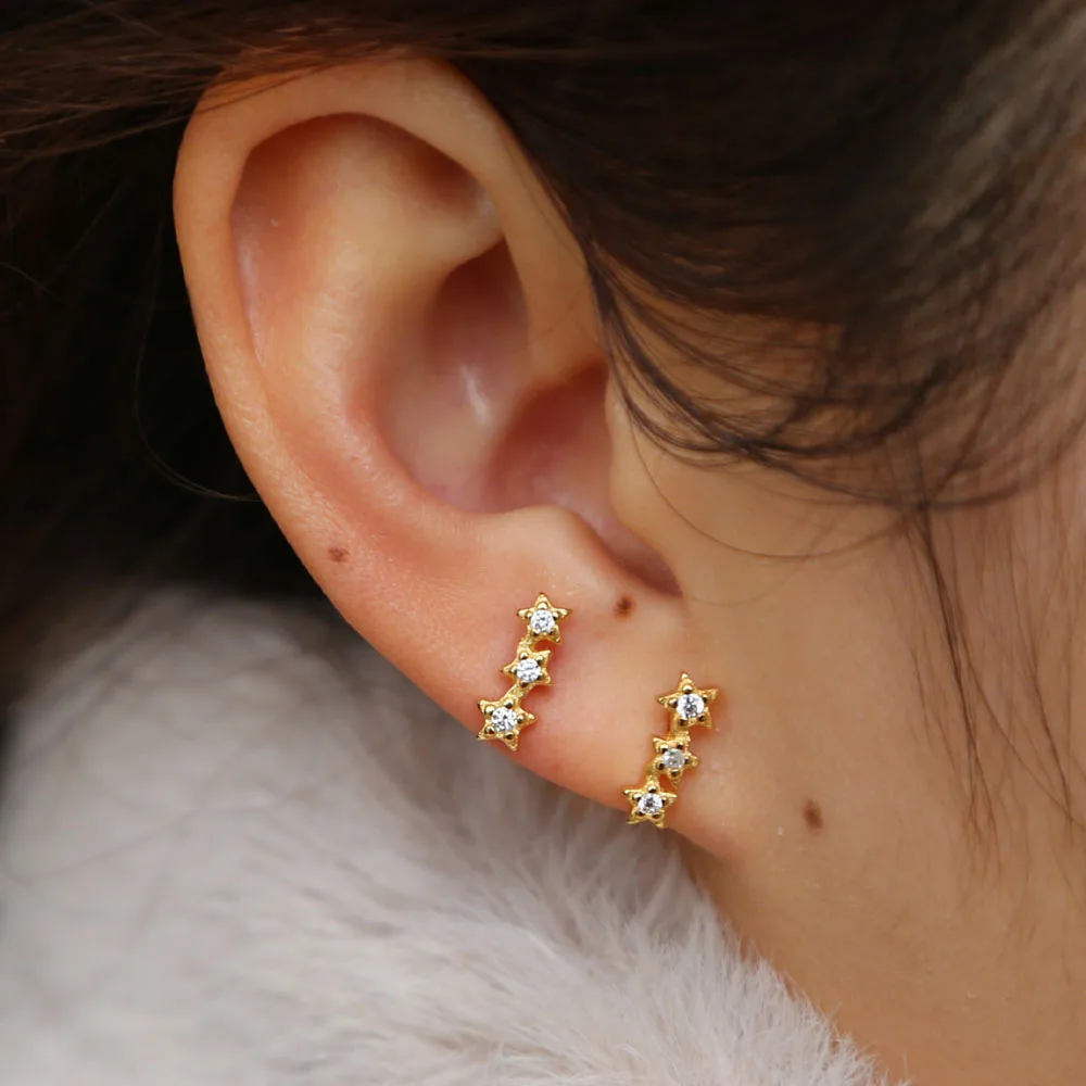 

925 sterling silver minimal delicate three star earring stud for lady 2019 Valentine's Day gift gold filled cz dainty cute earr