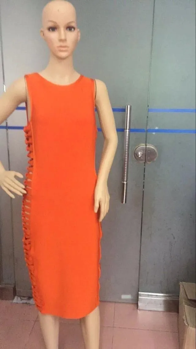 Новейшая женская сексуальная длина до колена оранжевое Бандажное платье трикотажное эластичное дизайнерское платье