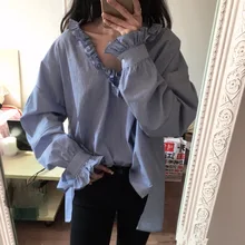 Spring Summer Casual Long Sleeve Blue Striped Shirt Deep V Neck Cotton Blouse Blusas