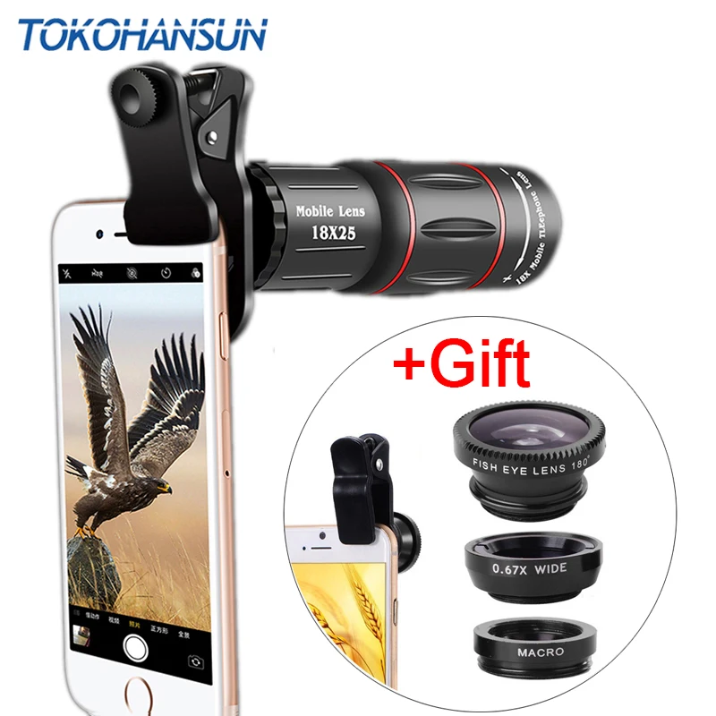 TOKOHANSUN كاميرا الهاتف المحمول عدسة العالمي 18x تلسكوب تليفوتوغرافي عدسة + selfie ترايبود + هدية 3 في 1 العدسات لسامسونج iphone