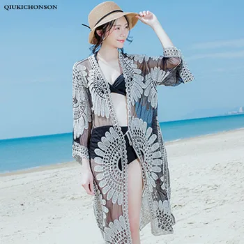Seven Sleeve Sunflower Embroidery Mesh Lace Cardigan Women Bohemian Beach Cover Ups Long Kimono Cardigan Tops Lace Blouse Shirt lace panel kimono sleeve tee