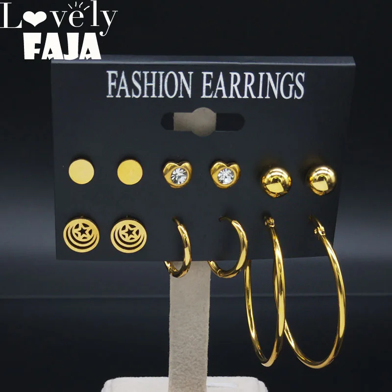 

6 Pair 2019 Moon Stars Crystal Stainless Steel Earring for Women Gold Color Stud Earrings Set Jewelry pack pendientes E6128136