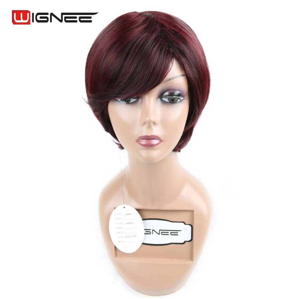 Wignee None Lace Front Short Bob Synthetic Mixed Color Burgundy Wigs