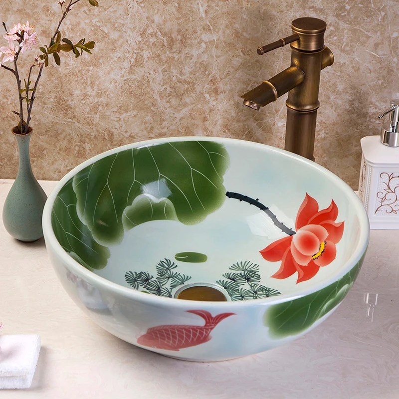 Fish painting Ceramic Art Basin Sinks Wash Basin Bathroom Sinks