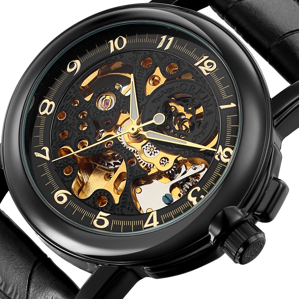 Orkina механические черные кожаные часы со скелетом, мужские автоматические прозрачные наручные часы, мужские наручные часы, автоматические часы
