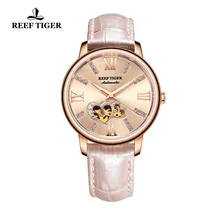 Reef Tiger/RT, роскошные Брендовые женские часы, розовое золото, автоматические часы, кожаный ремешок, бриллиантовые часы, Reloj Mujer, RGA1580