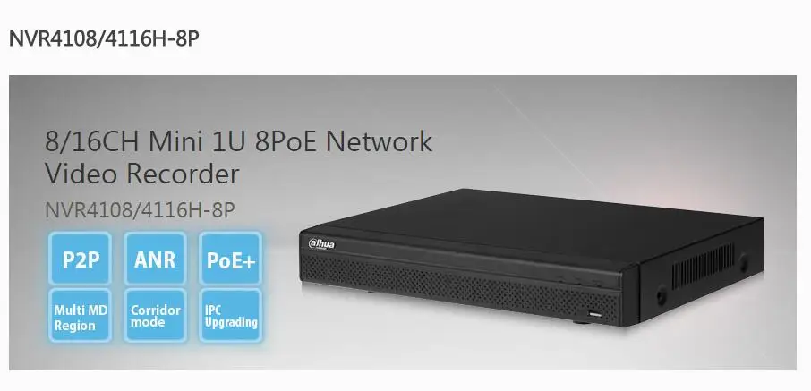 

Dahua nvr IPC UPnP,8PoE ports video recorder ONVIF Version NVR4108H-8P H.264/MJPEG dual codec decoding Max 80Mbps