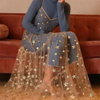 

Spaghetti Strap Tulle Long Beachwear Women Fashion Bling Stars Patchwork See Through Bikini Cover-Up Dress