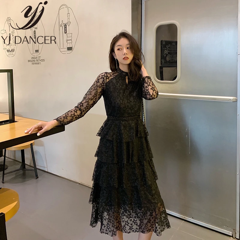 

Long-Sleeved Lace Sexy Dress Female Spring Autumn A Type In The Long Section Vestidos Thin Section Was Thin French Retro Dresses