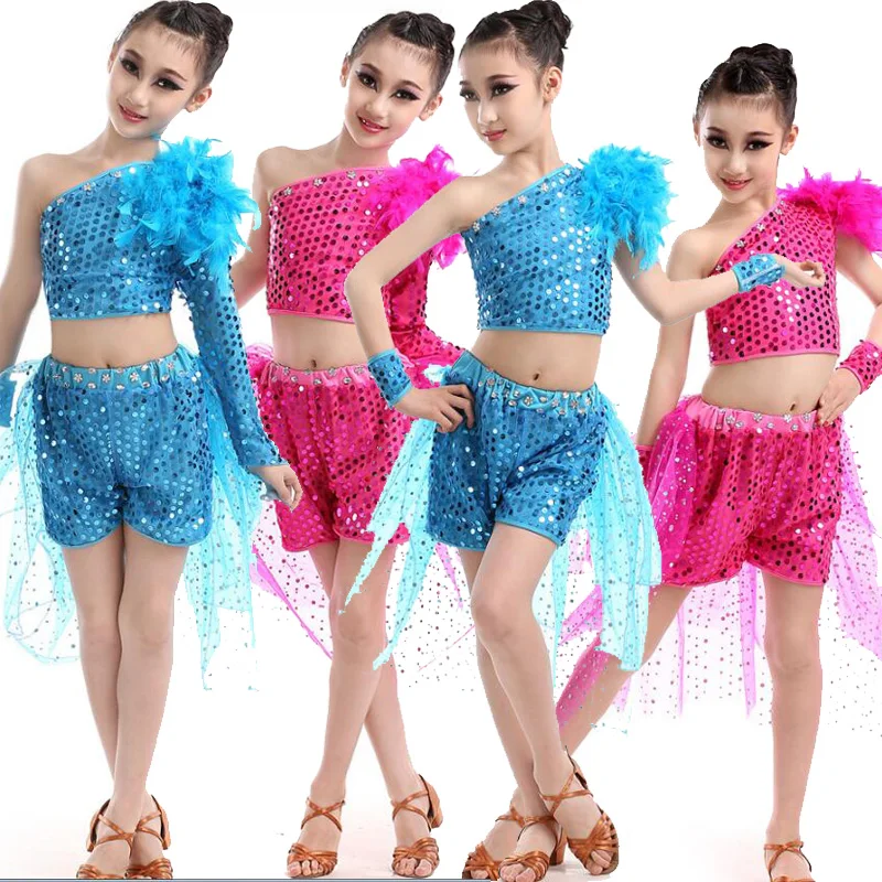 Blue Sequined Children's Party Jazz Tops+Pants dancecostumes Girls Kids