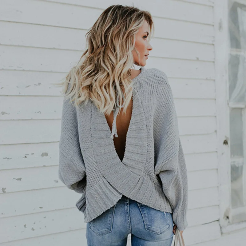 SWYIVY Womans Knit Shirt Sweater Sexy Back Hallow 2018 Autumn Winter Female Fashion Clothing Long Sleelve Loose Ladies Sweater