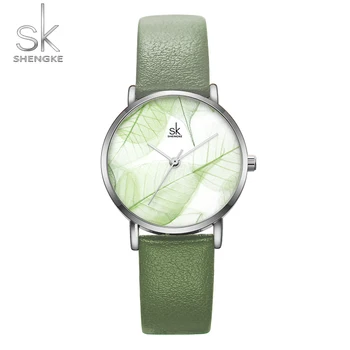 

SK Fashion New Women Watch Green Dial Slim Leather Strap Quartz Wristwatch SHENGKE Simple Design Ultra Thin Case Zegarek Damski