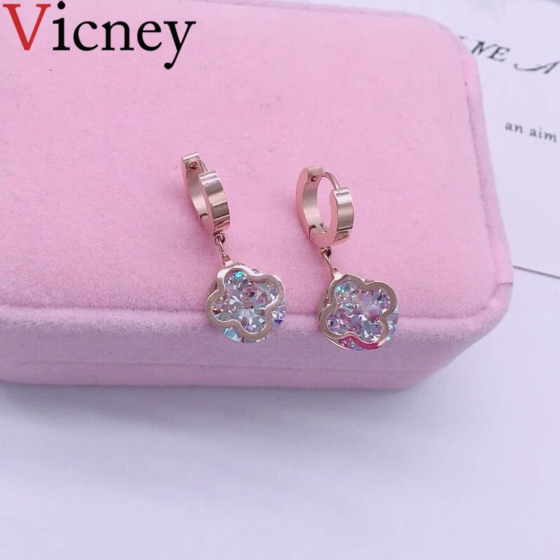 

Vicney Fashion Jewelry & Accessories Titanium steel earrings long four-leaf clover zircon Earring for women jewelry not Fade