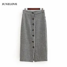 Новые осенние Винтаж в клетку пуговицы разделение для похудения Прямые миди юбка женская Мода vestidos повседневные юбки в деловом стиле