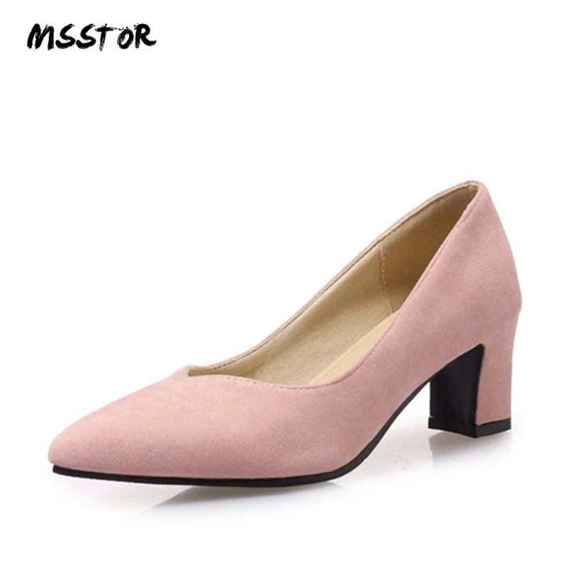 

MSStor Flock High Heels Shoes Concise Office Fashion Pointed Toe Rubber Autumn Spring Pumps Shoes Woman Square Heel Ladies Heels