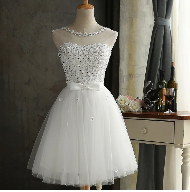 

2019 Elegant Lace Beads Summer Dress Sleeveless Lovely Short Silver White Dress For Women Slim Evening Party Dresses Vestidos