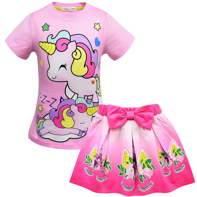 Baby Girls Children's Sets Summer Cartoon Unicorn T-shirt Tops Bow Flower Skirt Stylish Outfit Set Girl Cute Rainbow Bag 3PCS - Цвет: as pictures