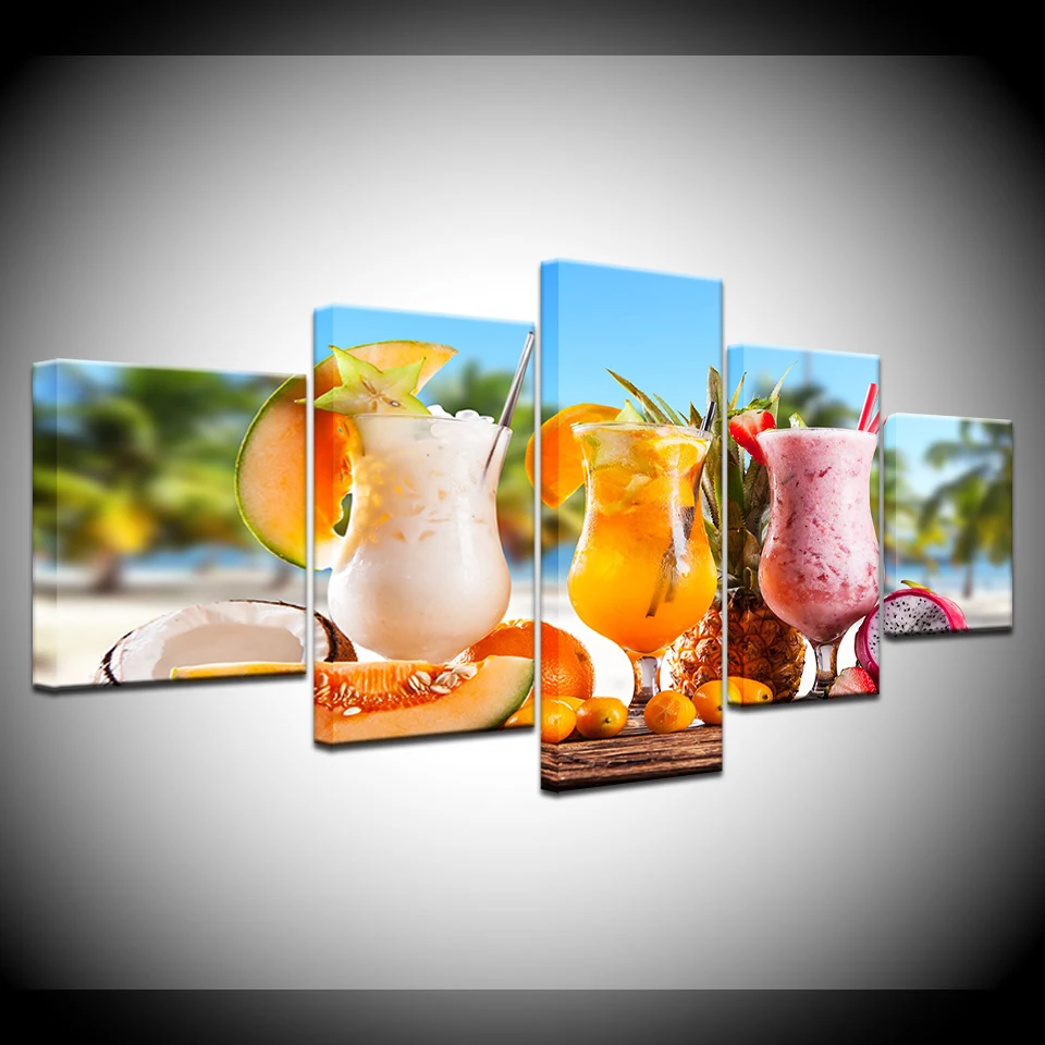 HD Печать Картина декор плакат Современная Стена 5 панель напиток свежий фруктовый сок пейзаж гостиная домашний Декор Картина рамка произведение искусства