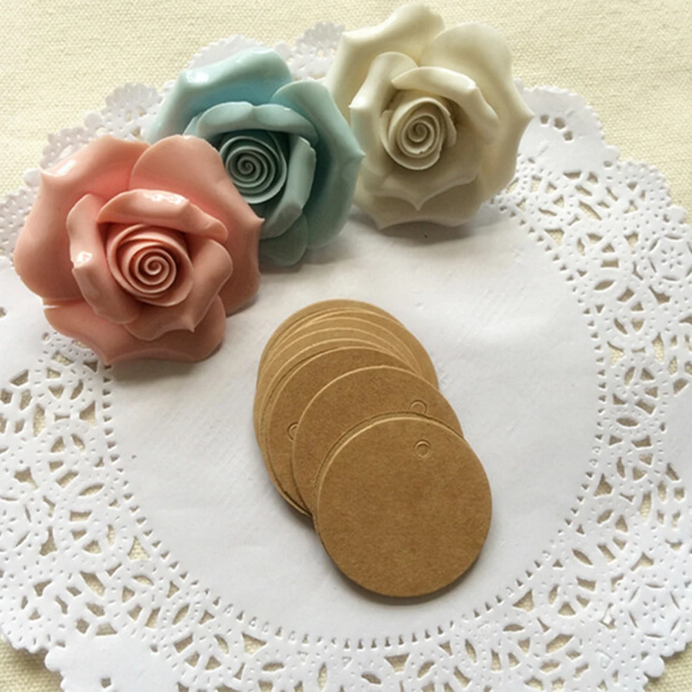 

100Pcs 2 x 2cm DIY Brown Paper Label Tags Wedding Gift Lace Scallop Head Hang round Blank Luggage Note Kraft