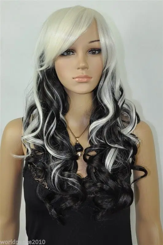 Cos light blonde / black mix long curly cosplay wig +gift |