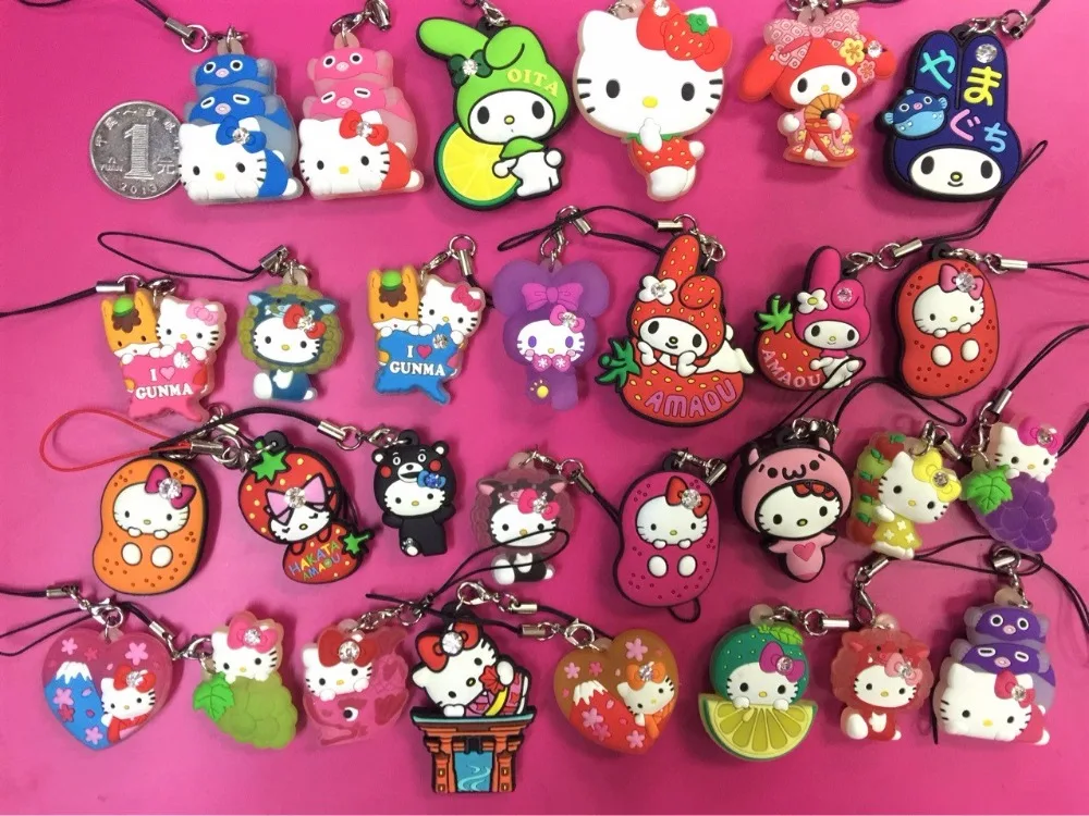 

13pcs/lot Hello Kitty Melody Randon sent Japanese anime figure rubber sweet smell mobile phone charms keychain strap G542