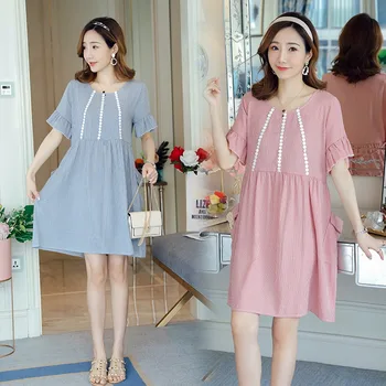 

2019 summer maternity dress Korean fashion new short-sleeved maternity dress plaid loose round neck pregnancy A skirt