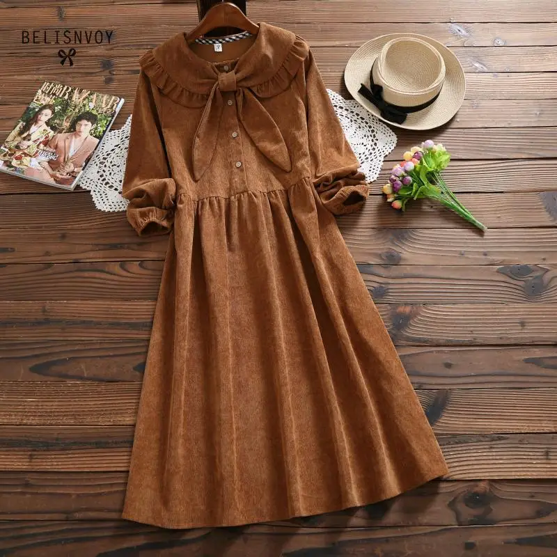 

Robe Femme 2019 Autumn Winter Sweet Women Dresses Peter Pan Collar Bow Loose Corduroy Vintage Elegant Dress Vestido Longo