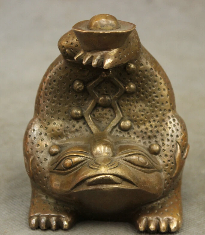 

song voge gem S3247 Folk Chinese Bronze Copper FengShui Wealth Coin Hoptoad Toad Statue Up YuanBao