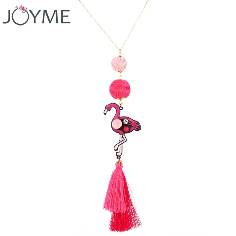 

Joyme 2018 New Handmade Pink Color Women Flamingo Pendant Necklace with Tassel Costume Accessories Maxi Long Necklace Collar