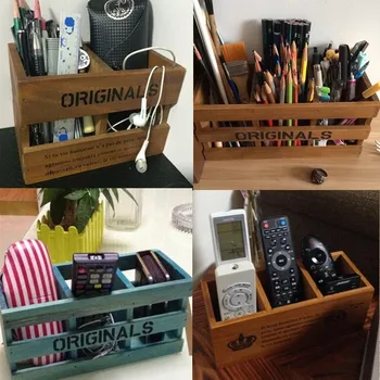 

Zakka retro desktop remote control box three wood lattice multifunctional storage box wooden pen