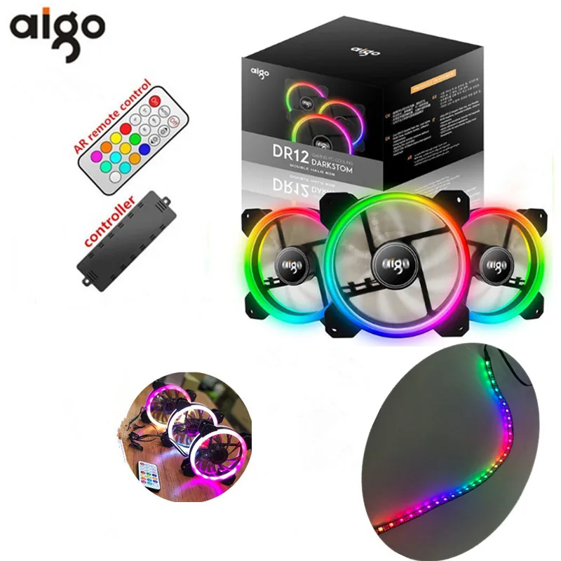 AIGO DR12 3 шт. чехол для компьютера PC Вентилятор охлаждения RGB Регулировка светодиодный 120 мм тихий + ИК-пульт дистанционного управления высокое