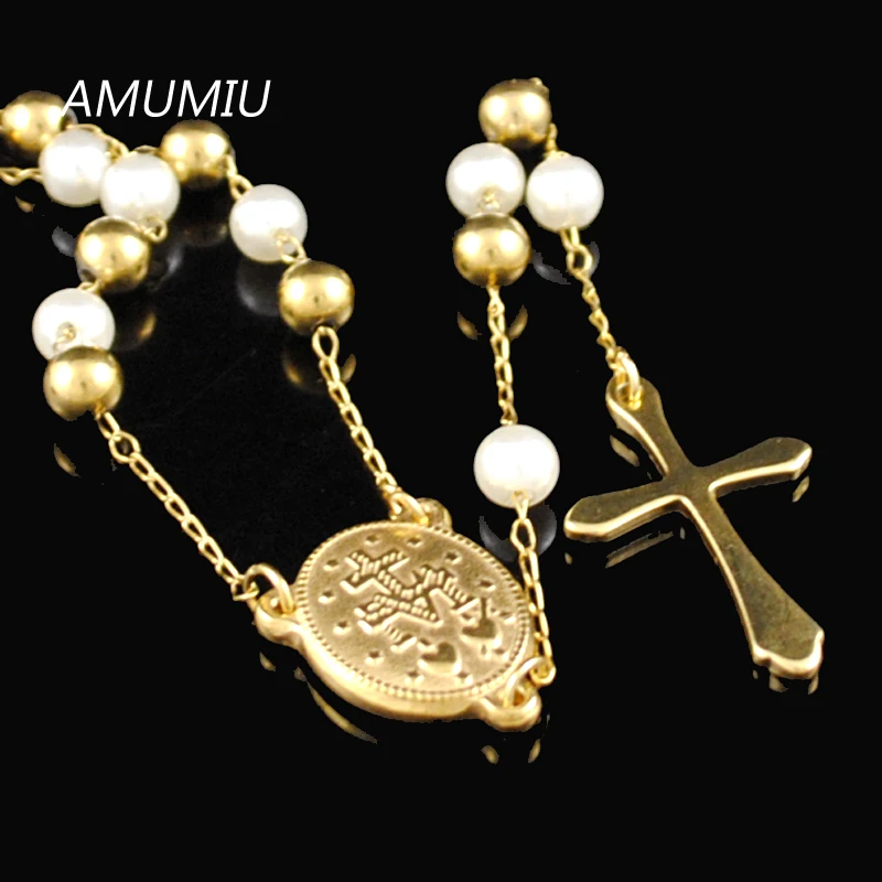 

AMUMIU Catholicism Religious Fashion Stainless Steel Rosary Cross Necklace Beads Sweater Chain Women Jewelry HZN092
