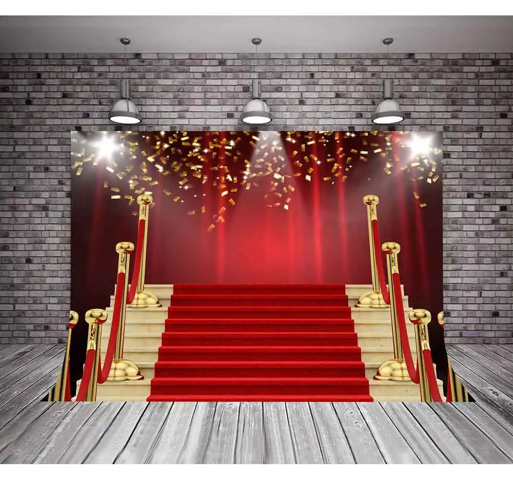 MTMETY Hollywood Red Curtain Background Red Carpet Stairs Props Vinyl Photography Video Backdrop for Graduation Party Decoration