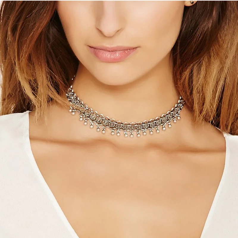 

New Fashion Bohemia Bell Chokers Necklaces for Women Turkish Antique Silver Plated Link Short Necklace Fashion Jewelry Collar