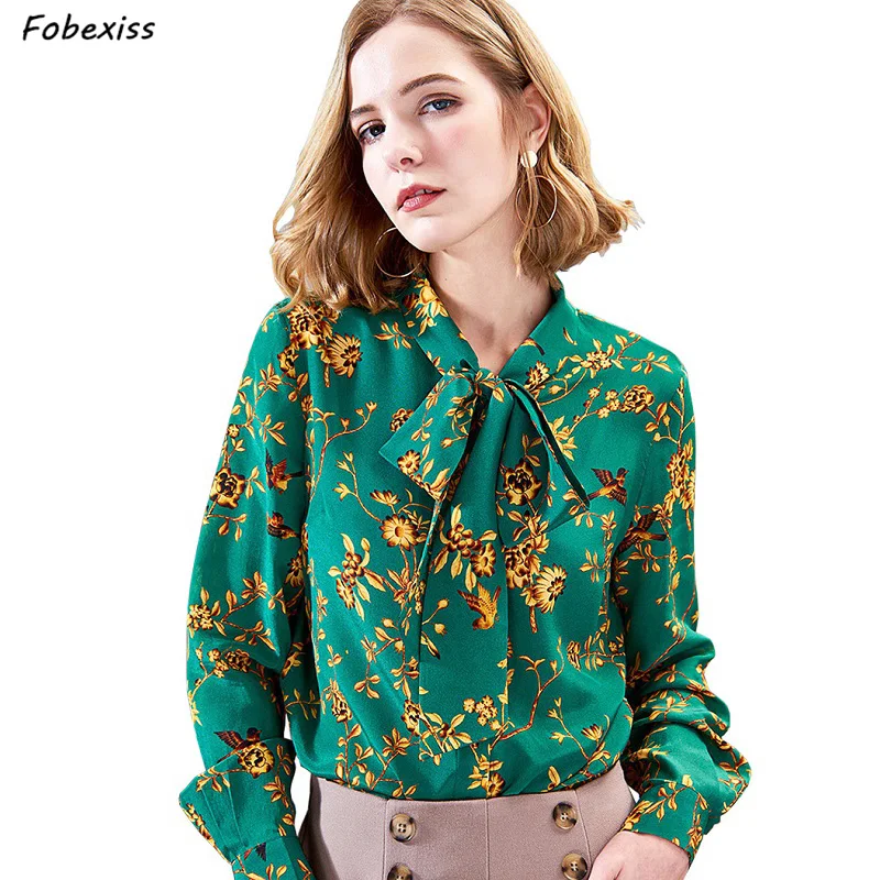 

100% Mulberry Silk Blouse Women Summer Long Sleeve Bow Collar Vintage Green Gold Floral Plus Size Harajuku Natural Silk Shirt