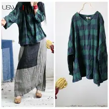 USWMIE летняя футболка Для женщин литературы Джокер простой с длинным рукавом решетки свободные v-образным вырезом нерегулярные подол комфорт дышащие топы