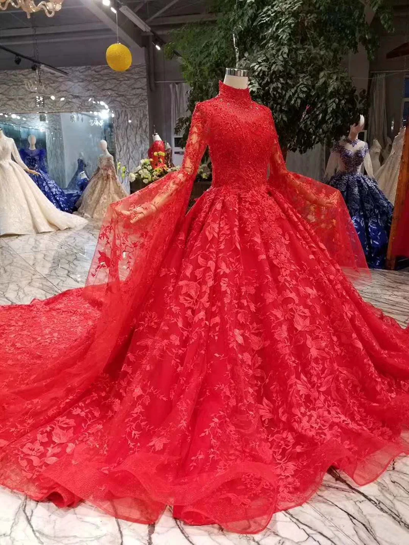 HTL005 красное свадебное платье с высоким воротом и длинными расклешенными рукавами мусульманское свадебное вечернее платье со шлейфом vestido de festa longo