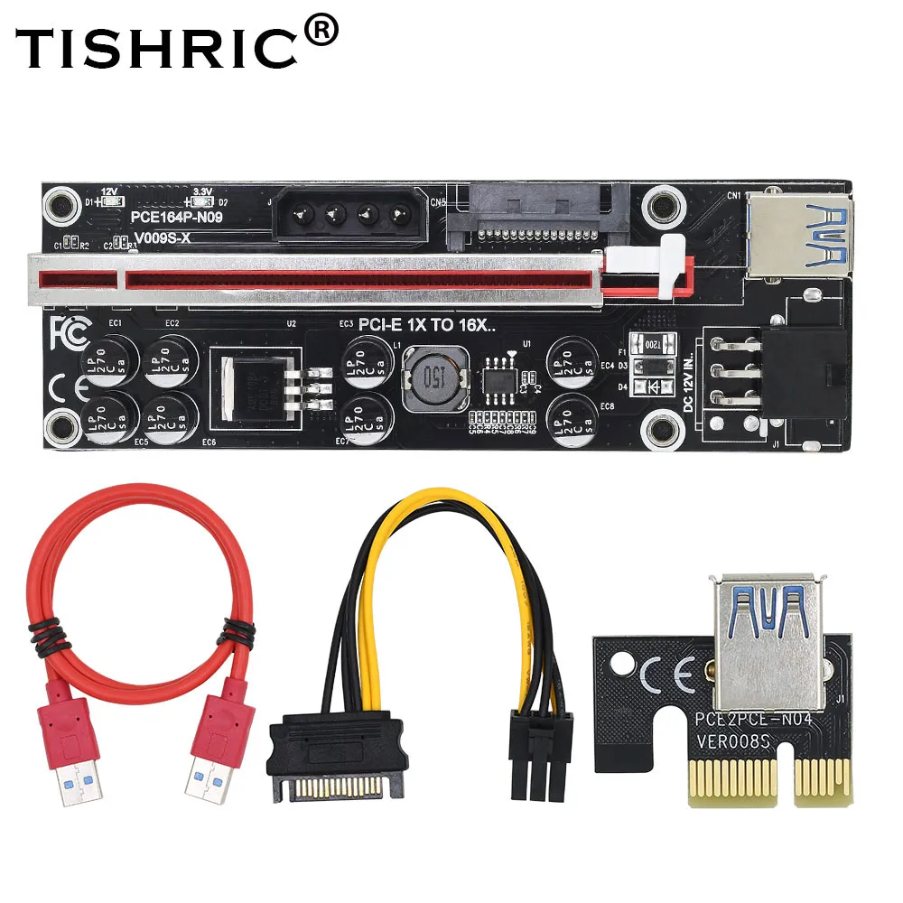 

TISHRIC V009S-X Mining Super Version Riser Card PCI Express PCIE PCI-E Molex 6pin Power Supply Adapter Mining Bitcion Mine